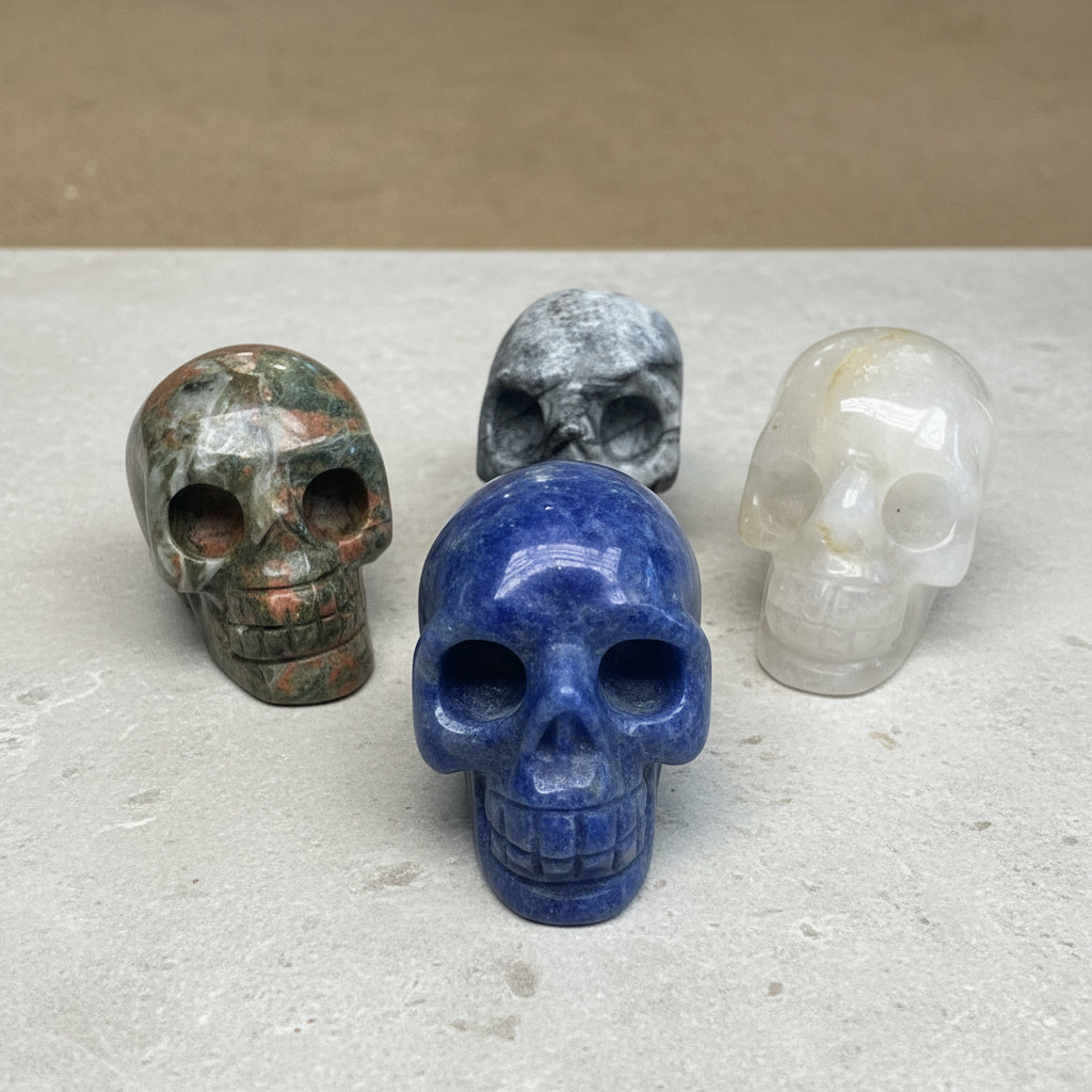 Four crystal skull figurines on a neutral surface with a blurred background