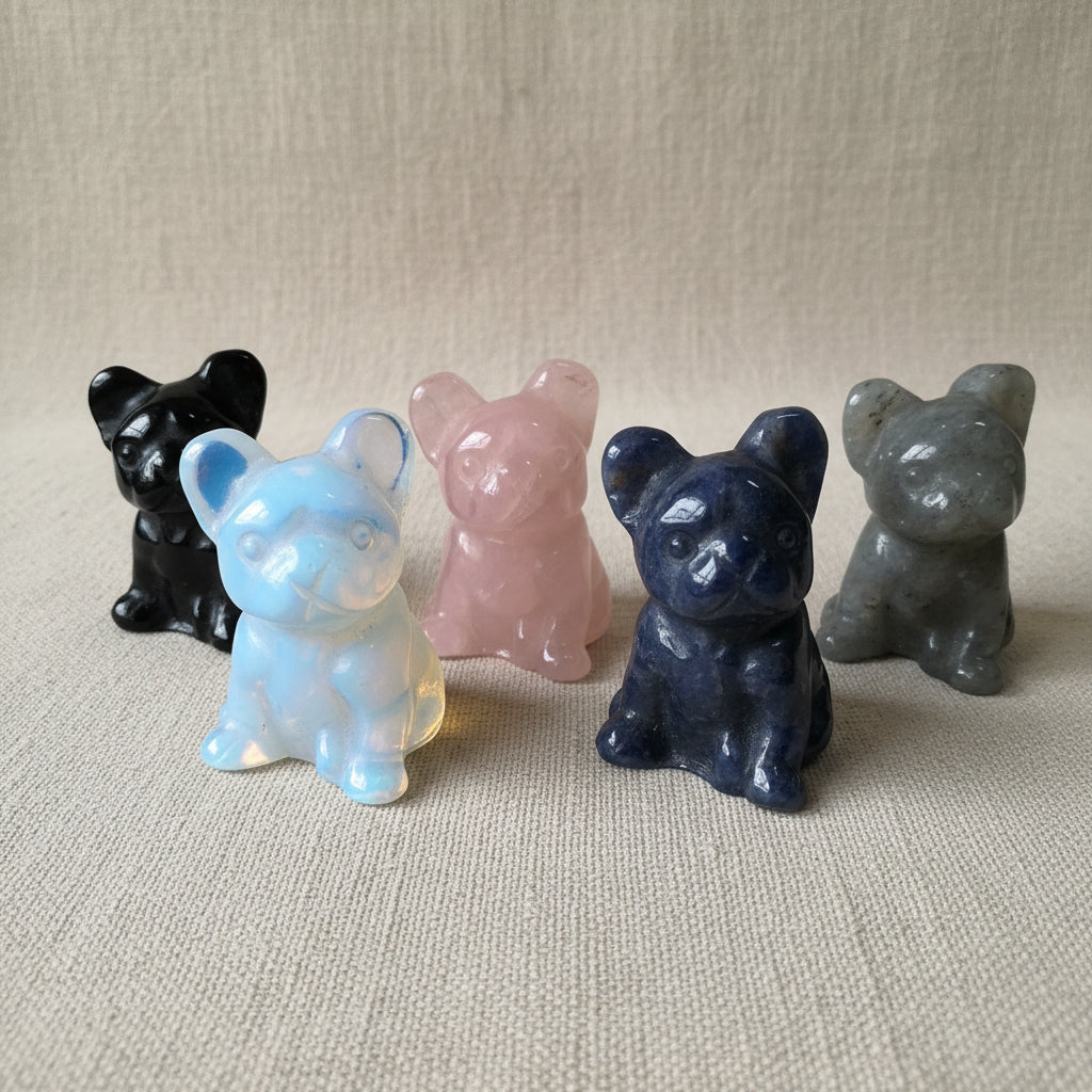 Five crystal animal French Bulldog figures on a tan surface