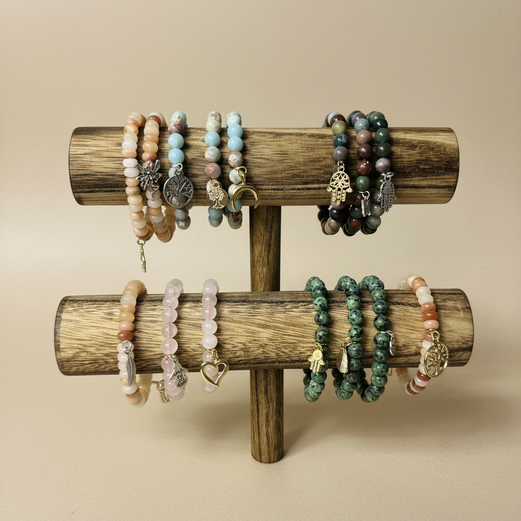 Collection of beaded bracelets on a wooden stand