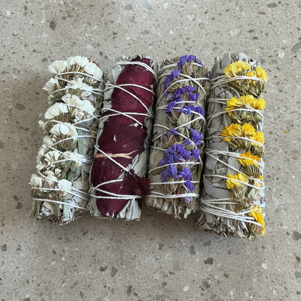 Four bundles of sage wrapped with different colored ribbons on a stone surface.