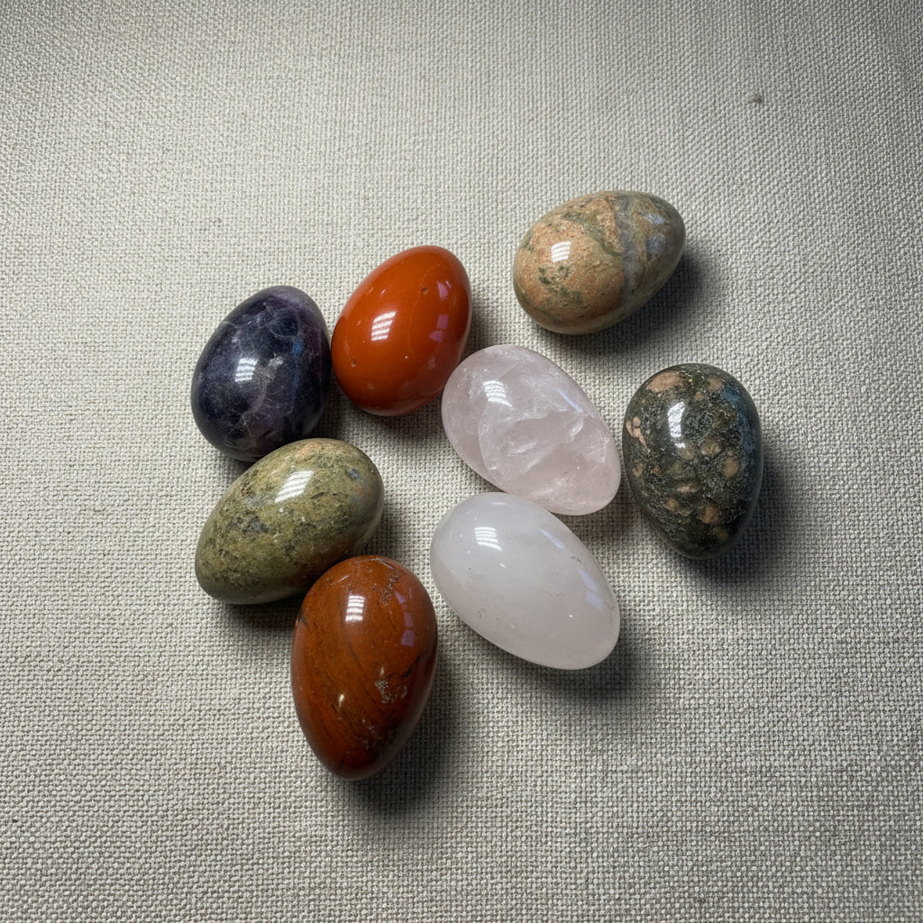 Assorted colorful stone eggs on a fabric surface