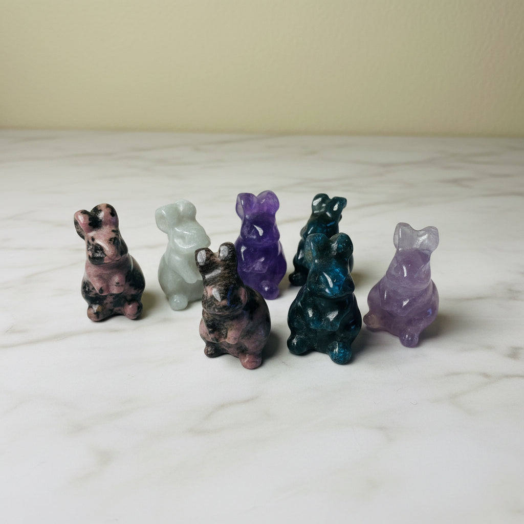 Set of colorful crystal animal figurines on a neutral surface