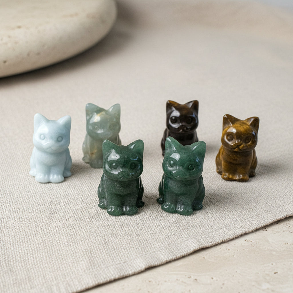 Set of five crystal cat figurines on a neutral surface