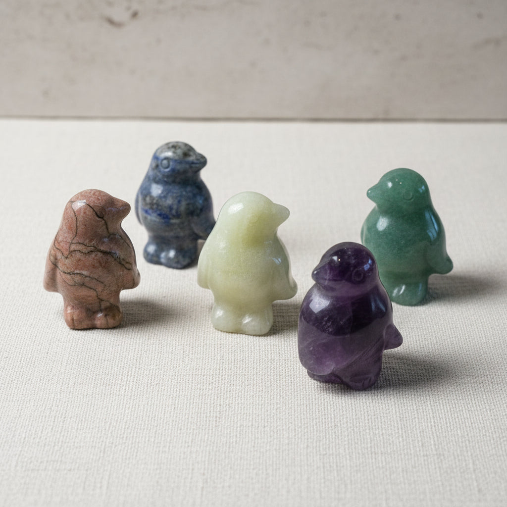 Collection of multicolored stone animals on a neutral surface