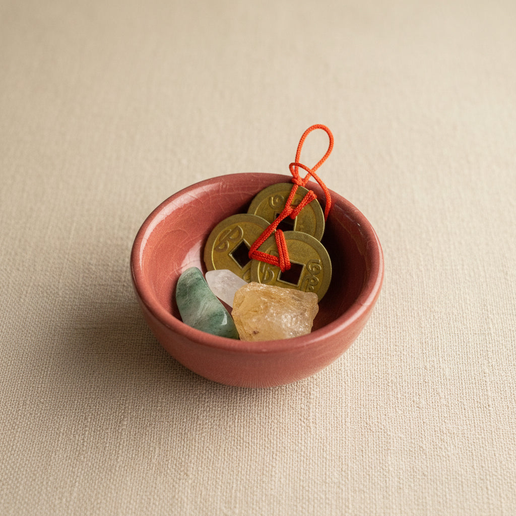 Mauve dish with Chinese coins and a crystal on a light fabric surface