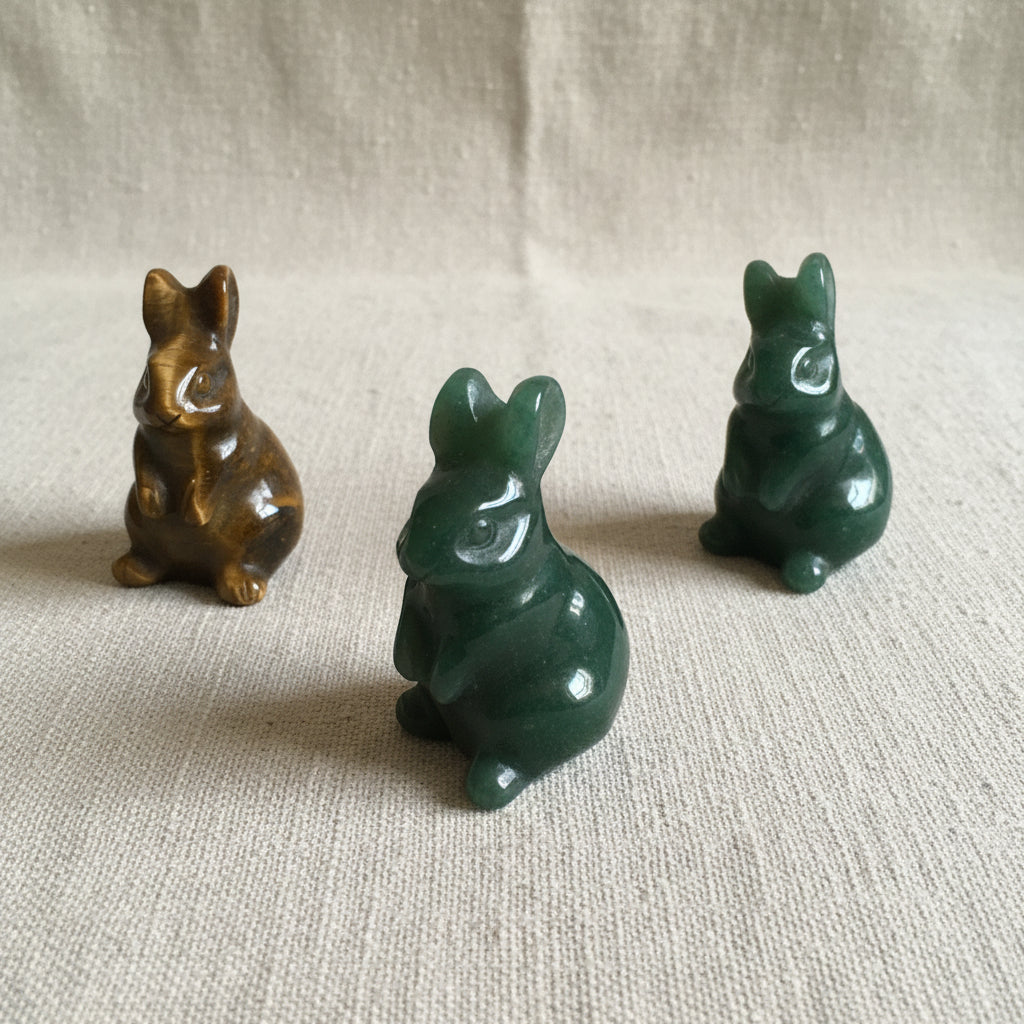 Three stone Rabbit figurines on a tan fabric background