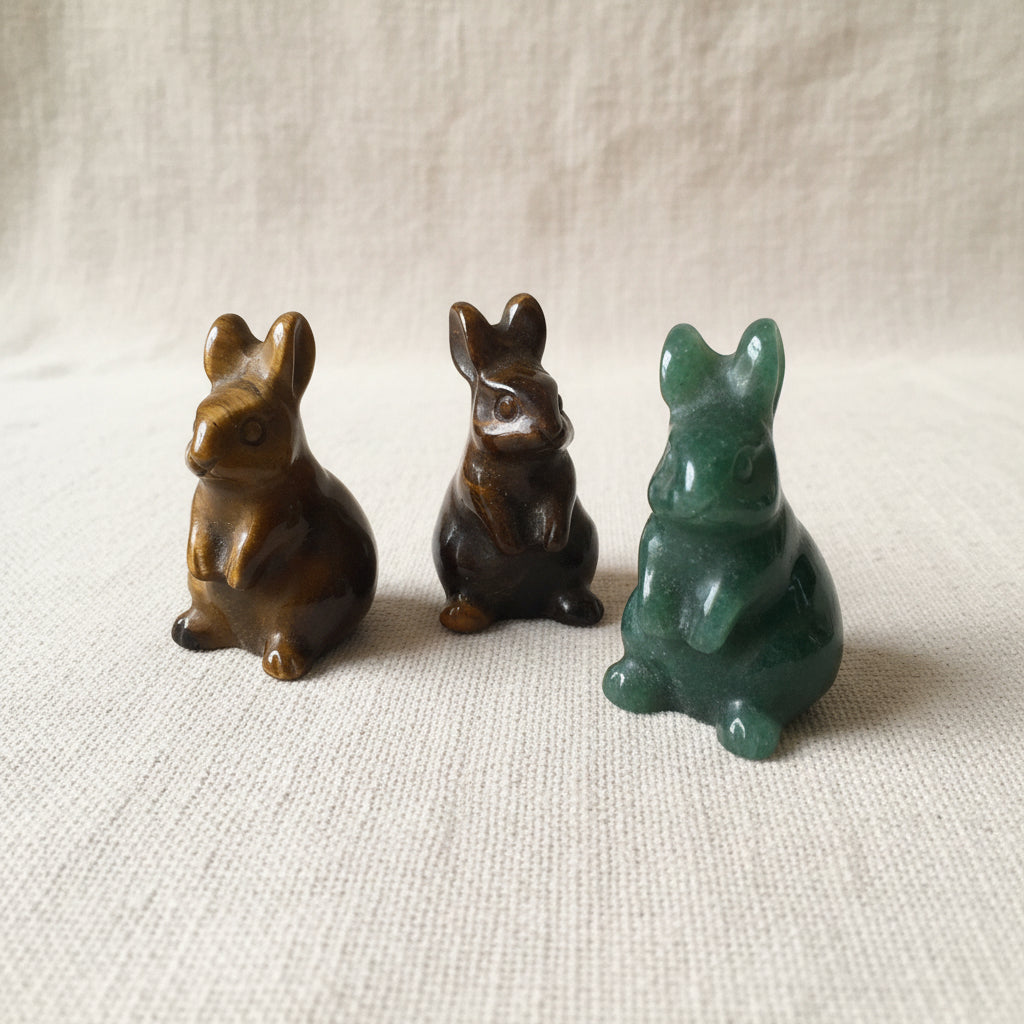Three stone Rabbit figurines on a tan fabric background