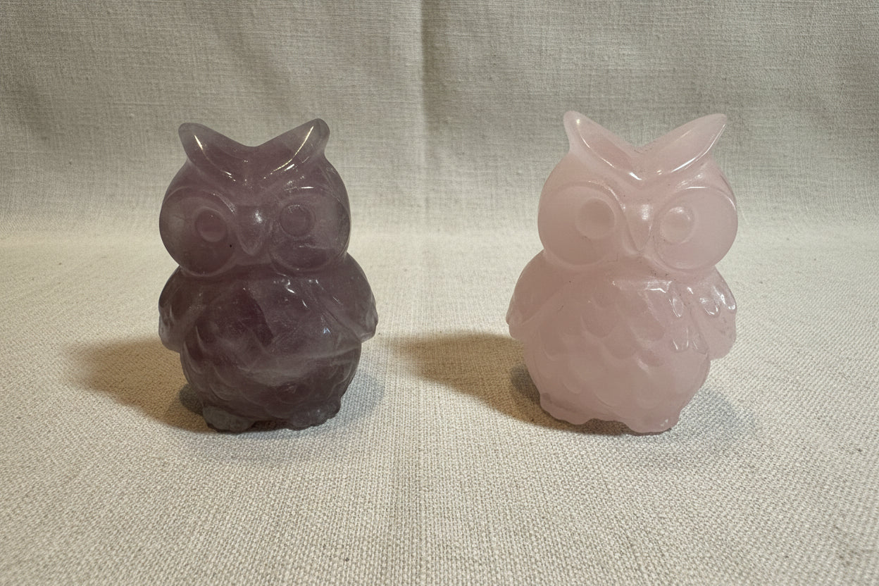 Two crystal owl figurines on a rock surface with a light tan background