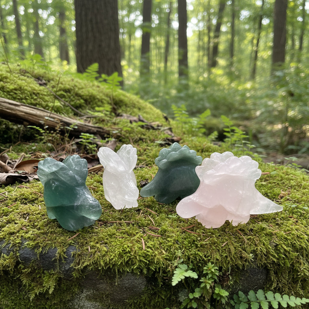 Four crystal dino figurines on a green forest background
