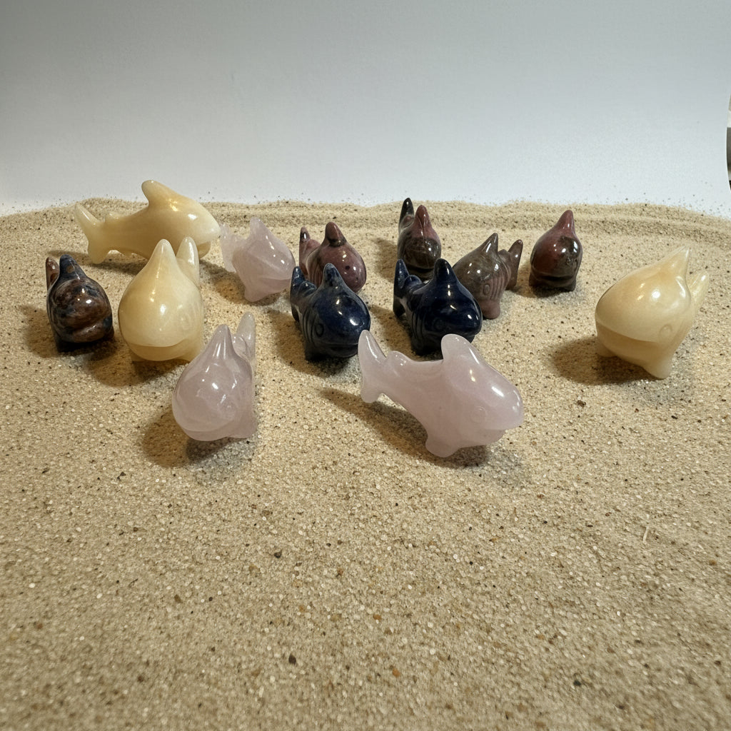 Collection of various stone carvings on a white surface
