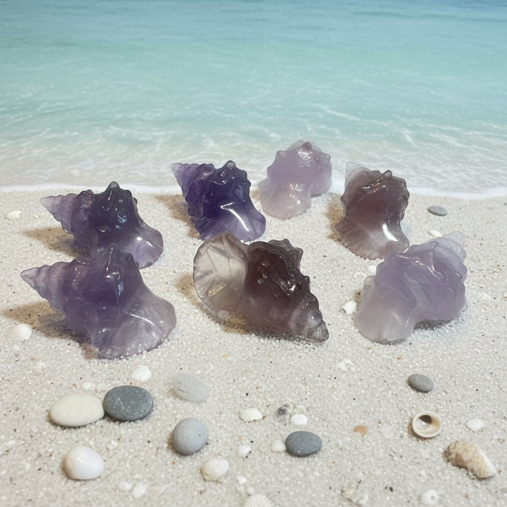 Set of fluorite crystal conch shells on a white surface